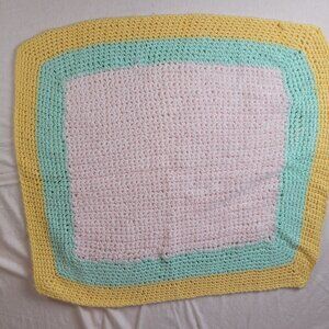 Handmade Crochet Afghan Lap Baby Blanket Throw 22”x20” Yellow Green Pink